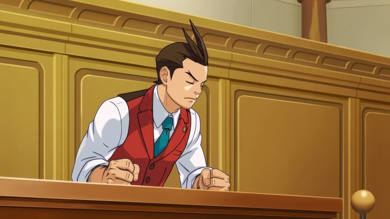 Apollo Justice i röd väst och blå slips står i rättssalen med knutna nävar och blundar, spänd, i Ace Attorney-spelet.