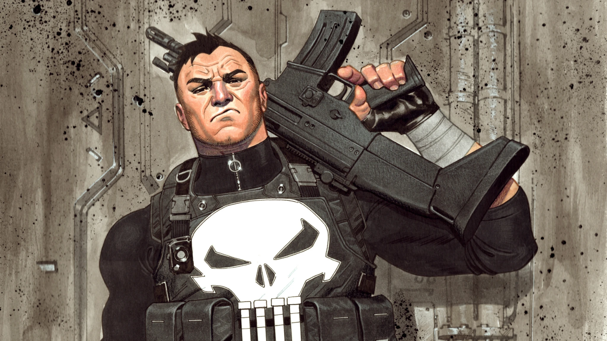 Punisher i serieteckning med mörk skottsäker väst och stor vit dödskalle på bröstet, med ett automatvapen vilande över axeln och en stenhård blick.