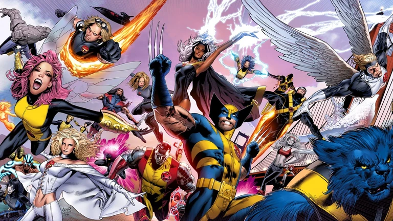 Ett stort gäng X-Men-hjältar rusar mot betraktaren i serietidningsstil, med Wolverine med utfällda klor i mitten, Storm som skickar blixtar, Beast i förgrunden och Angel med vingar uppe till höger.
