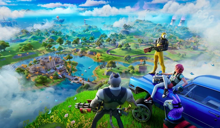 Fortnite-karaktärer blickar ut över en grön ö med sjöar, skog och ett slott från en klippa. En står på en blå bil, en annan sitter på motorhuven med en radio.