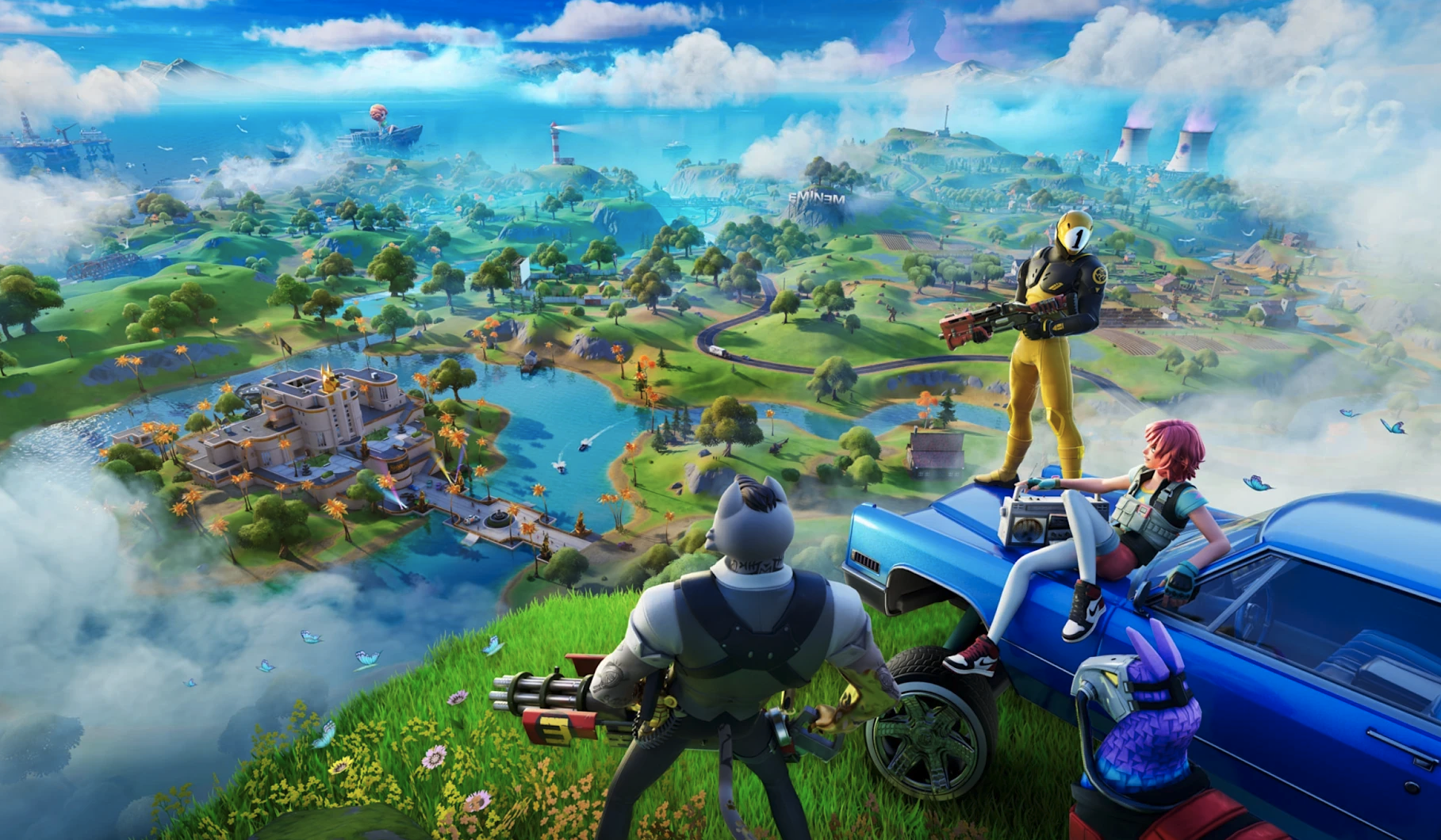 Fortnite-karaktärer blickar ut över en grön ö med sjöar, skog och ett slott från en klippa. En står på en blå bil, en annan sitter på motorhuven med en radio.