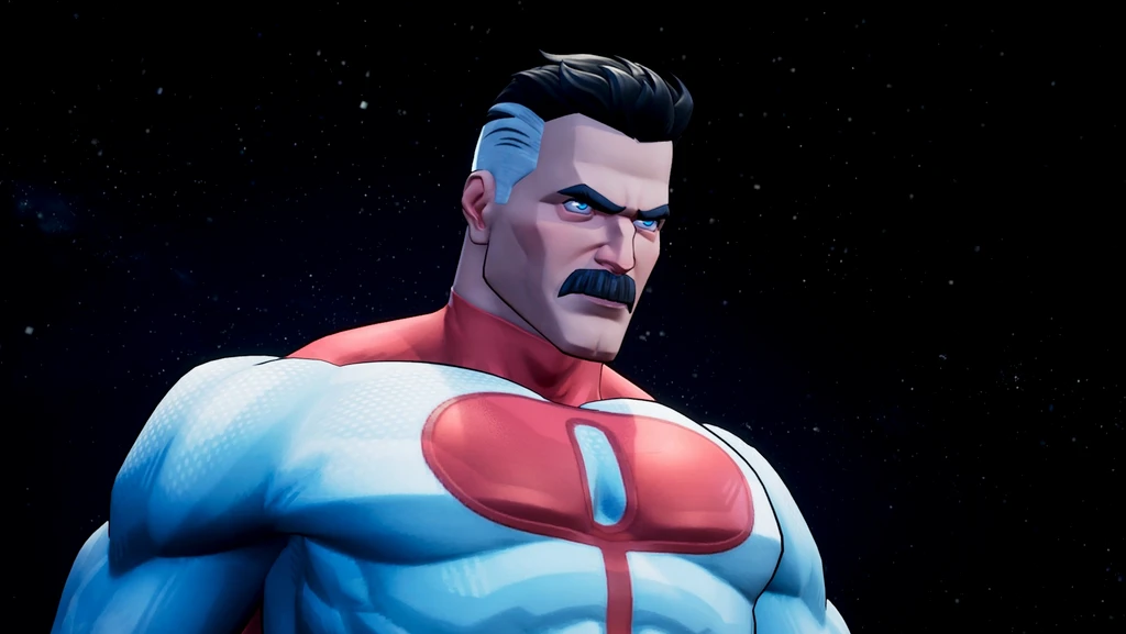 Omni-Man i Invincible VS, med svart mustasch och blå ögon, i vit och blå dräkt med rött bröstmärke mot en stjärnklar rymd.