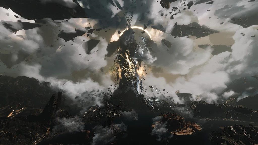Clair Obscur: Expedition 33: ett enormt, glödande monolitiskt torn reser sig ur dimma och svävande klippblock under en ljusring på himlen.