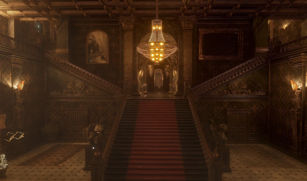 Praktfull hall i Clair Obscur: Expedition 33 med bred trappa med röd matta, kristallkrona och mörka, mönstrade väggar i art déco-stil.
