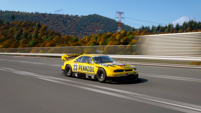 Gul racerbil med nummer 23 och Pennzoil-dekaler susar fram på en väg i höstskog, med snötäckt berg i bakgrunden, i Forza Horizon 6.