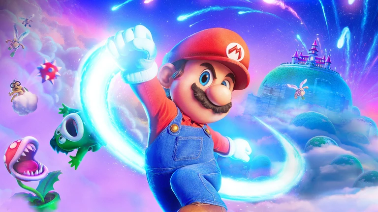 Mario i röd keps och blå overall slår en lysande blå virvel med knytnäven bland rosa och lila moln, med ett slott, en piranhablomma och andra fiender runt omkring.