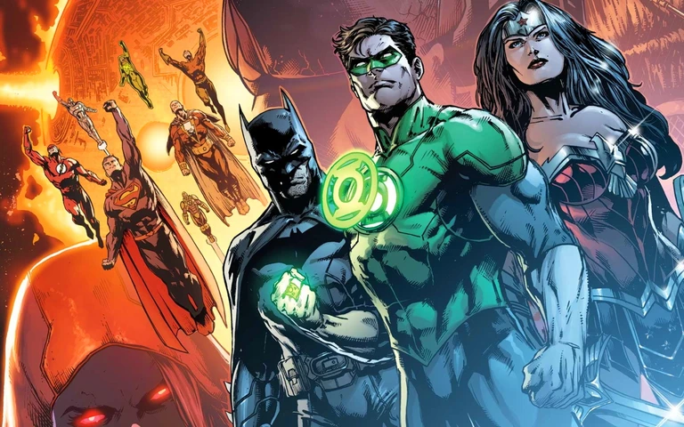 Batman, Green Lantern och Wonder Woman står i förgrunden med allvarliga miljöer, medan Superman, The Flash och andra hjältar flyger mot en eldröd himmel.