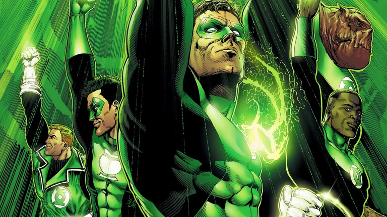Fyra Green Lantern-hjältar i gröna dräkter och masker sträcker upp knytnävarna mot en grön, strålande bakgrund i serietidningsstil.