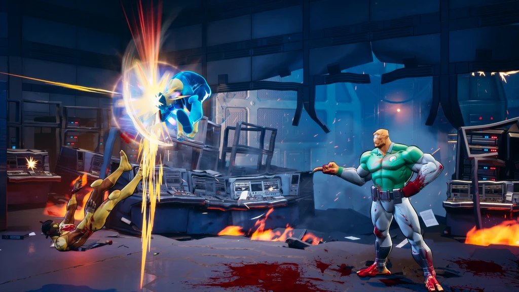 Invincible VS: en muskulös man i grön dräkt pekar mot en gul stridande som slungas i luften medan en blå hjälte slår ner med en gnistrande attack i ett brinnande kontrollrum.