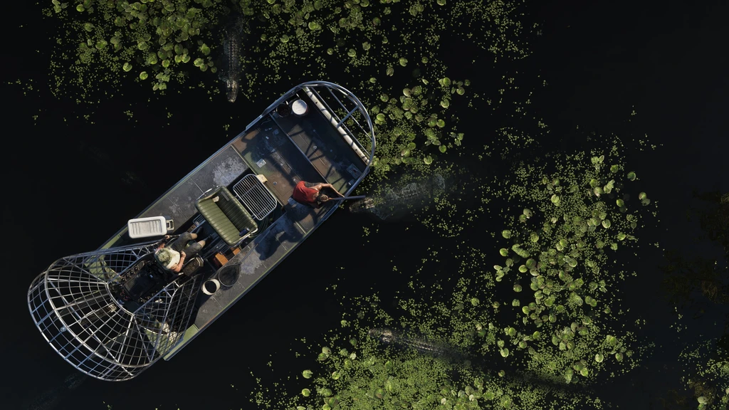 Ovanifrån syns en luftbåt med propellerkorg som glider genom mörkt träskvatten fyllt av näckrosblad, med alligatorer som skymtar i vattnet. Scen från Grand Theft Auto VI.