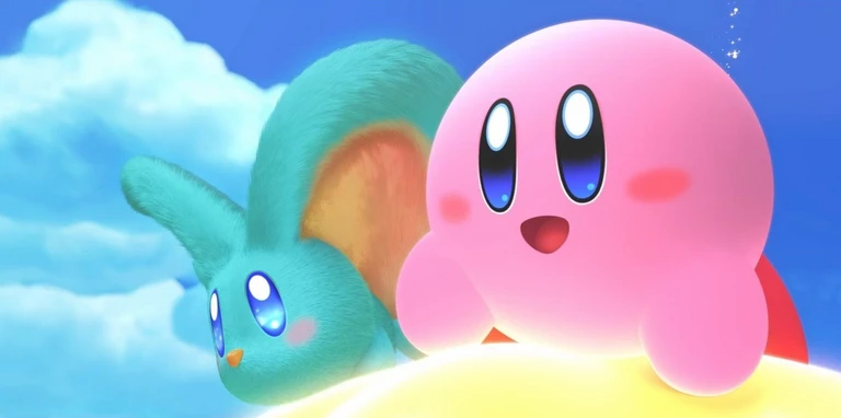 Kirby sitter glad på en gul kulle mot blå himmel, bredvid en lurvig turkos varelse med orange vingar och stora blå ögon.
