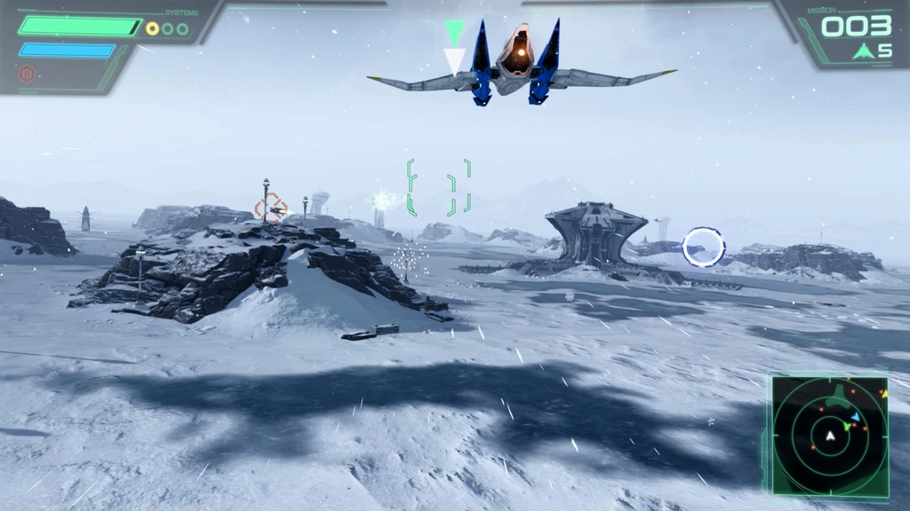 Star Fox: ett blått rymdskepp flyger lågt över ett snöigt, ödsligt landskap med klippor och en främmande struktur i fjärran.