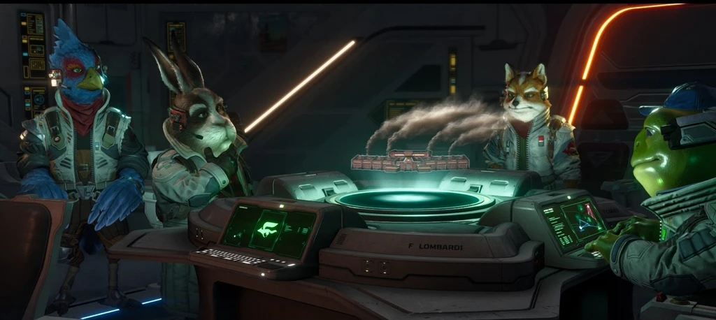 Fyra antropomorfa djurpiloter i flygdräkter sitter samlade kring ett lysande holografiskt bord i ett rymdskepp i Star Fox: en blå fågel, en hare, en räv och en grön groda.