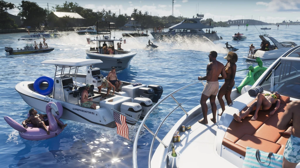Soliga människor festar på båtar och badleksaker i en solglittrande vik i GTA VI, med jetskis och lyxyachter i bakgrunden.