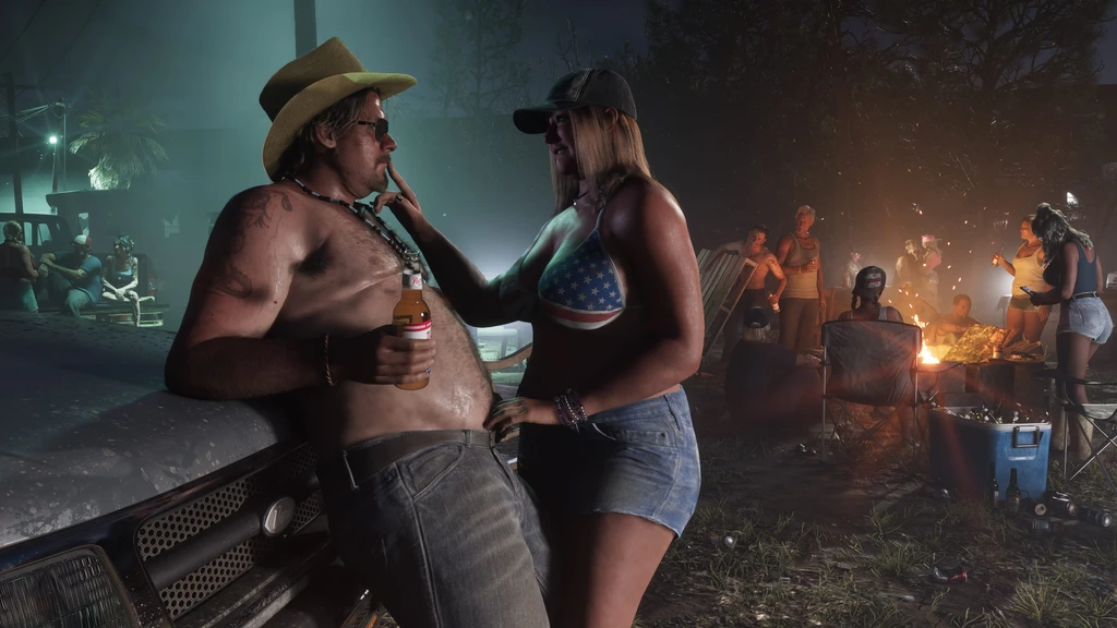 Nattlig fest vid en bilkaross i Grand Theft Auto VI: en bar överkropp i cowboyhatt med ölflaska och en kvinna i bikinitopp med amerikanska flaggan och jeansshorts, medan folk samlas runt en brasa.