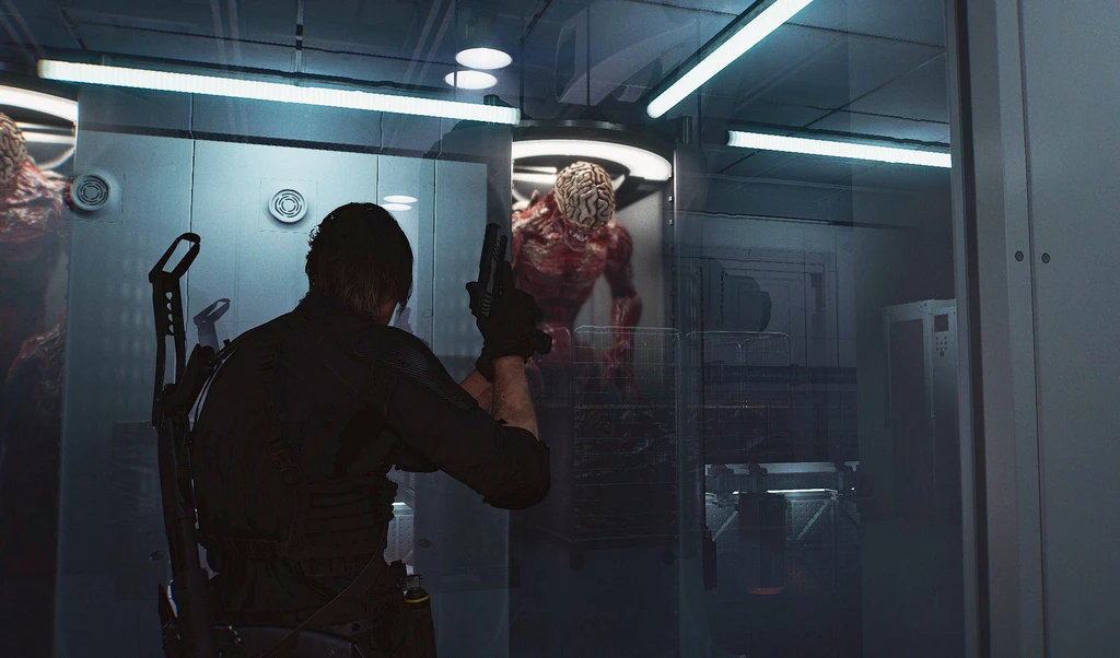 I Resident Evil: Requiem sedd bakifrån riktar en karaktär en pistol mot en blodig, hjärnblottad varelse i ett kallt, neonbelyst laboratorierum.