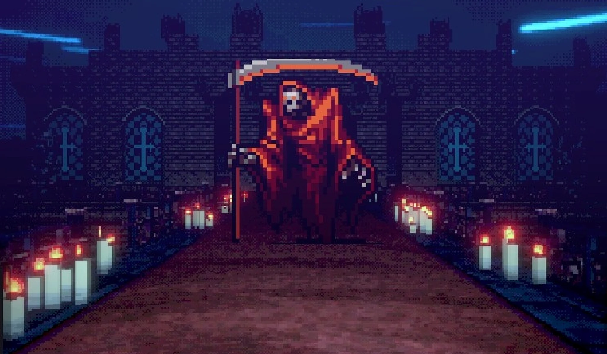Döden i orange kåpa med lie väntar i slutet av en tegelgång kantad av tända ljus framför ett mörkt slott, i pixelgrafik från Vampire Crawlers.