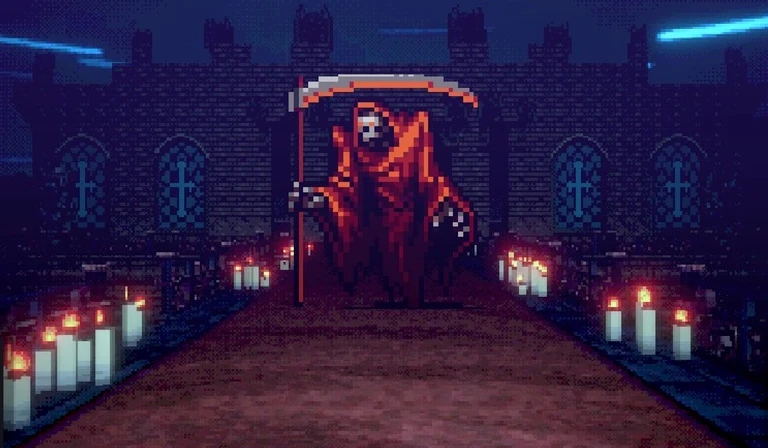 Döden i orange kåpa med lie väntar i slutet av en tegelgång kantad av tända ljus framför ett mörkt slott, i pixelgrafik från Vampire Crawlers.