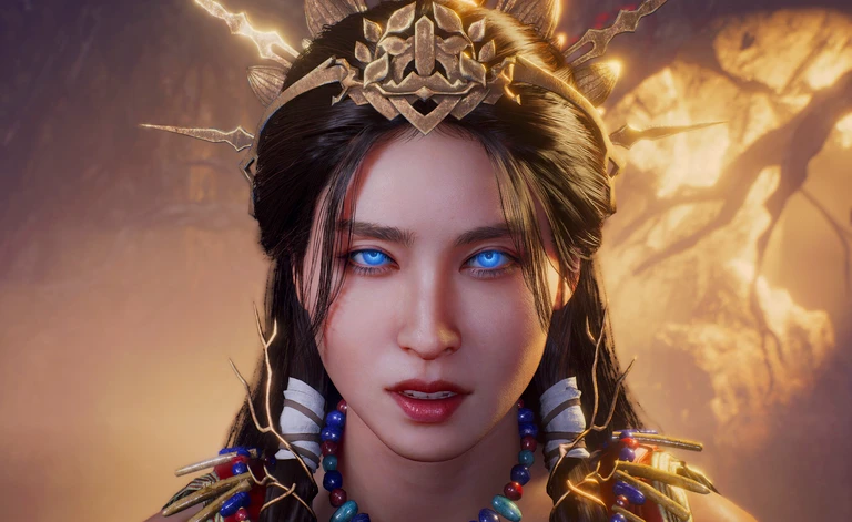 Närbild på en kvinnlig karaktär med lysande blå ögon, guldfärgad huvudprydnad och pärlhalsband framför ett glödande träd i Nioh 3.