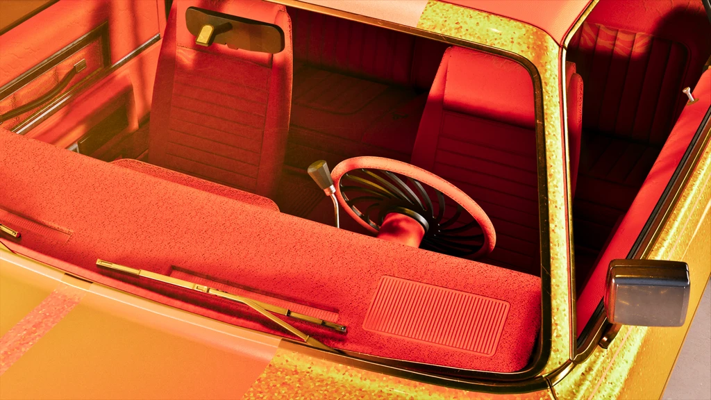 Närbild uppifrån på en gulmetallic bil med röd klädsel, där rattens ekrar, sätena och vindrutetorkarna syns genom den öppna vindrutan. Bilden hör till Grand Theft Auto VI.