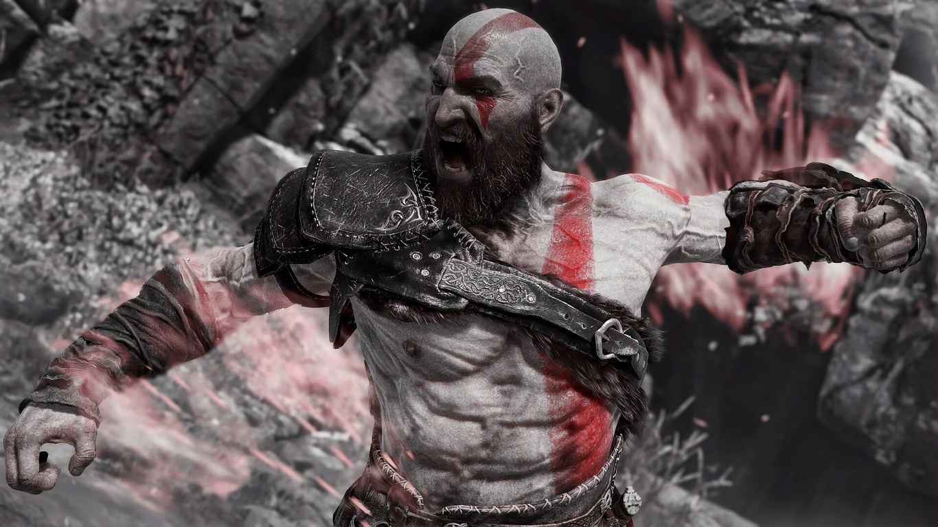 Kratos från God of War vrålar med knutna nävar och utsträckta armar, med rött krigsmålat ansikte och blodigt bröst framför rykande sten.