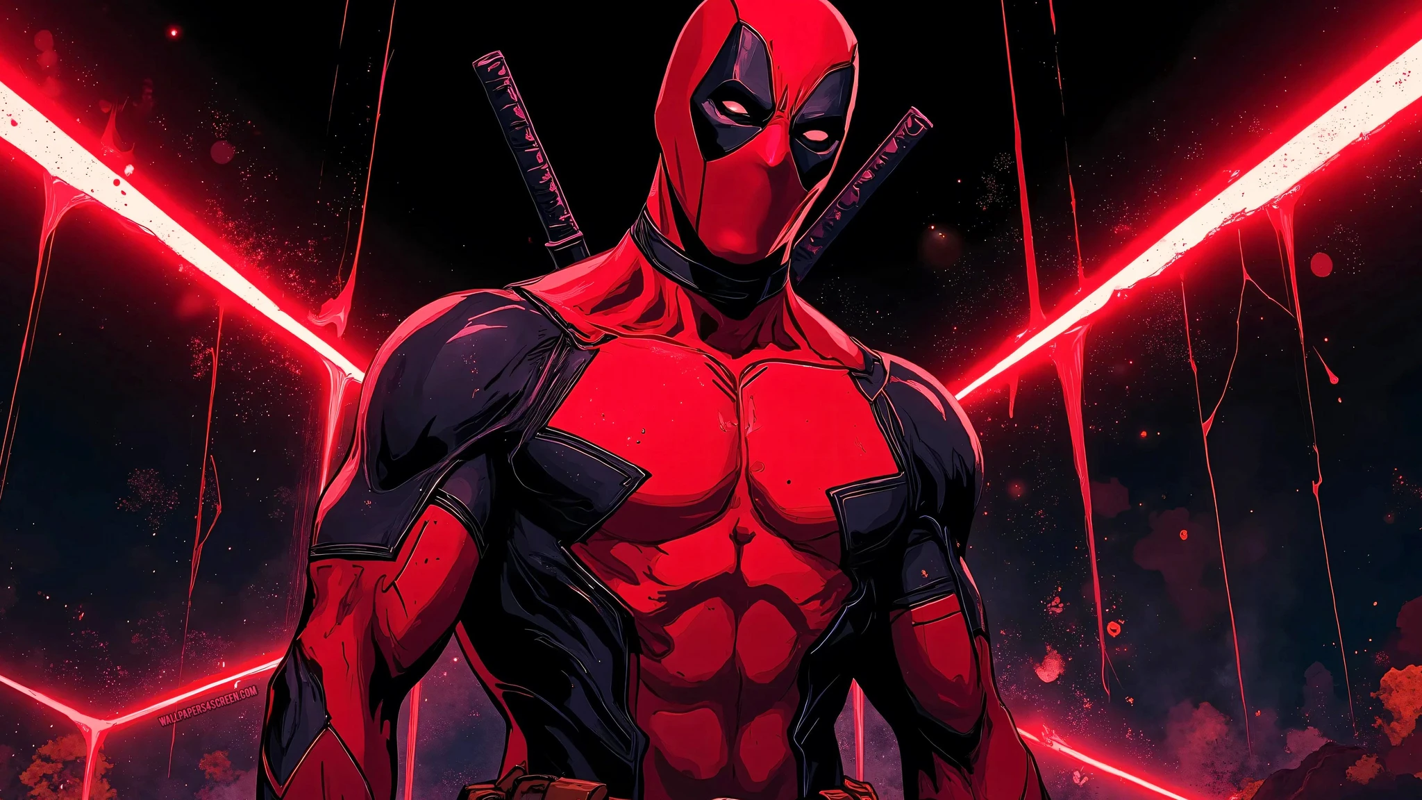 Deadpool i röd och svart dräkt med två katanasvärd på ryggen, framför en mörk bakgrund med glödande röda neonstrålar och blodliknande droppar.
