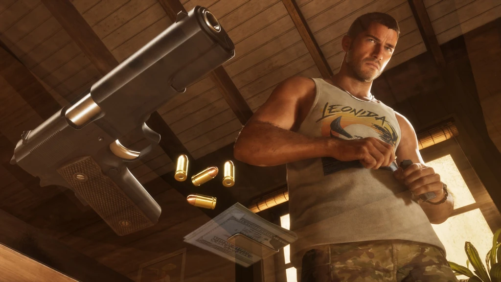 I Grand Theft Auto VI laddar en muskulös man i linne och kamouflagebyxor ett magasin i en pistol, medan pistolen och patroner svävar i förgrunden under ett trätak.
