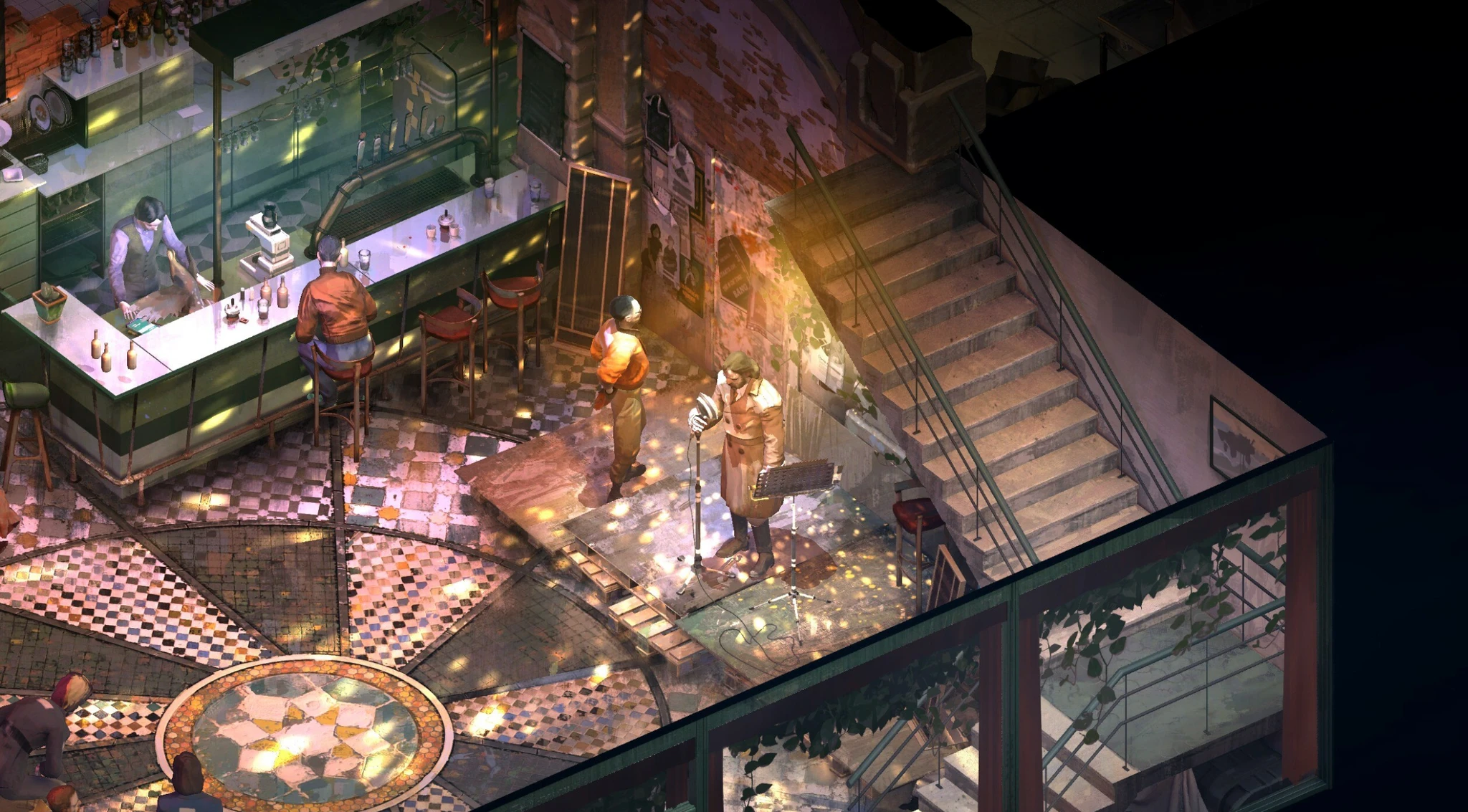 Isometrisk vy över en krog i Disco Elysium: Final Cut, med bartender vid disken, gäster och en sångare vid mikrofon framför en trappa, i varmt ljus.