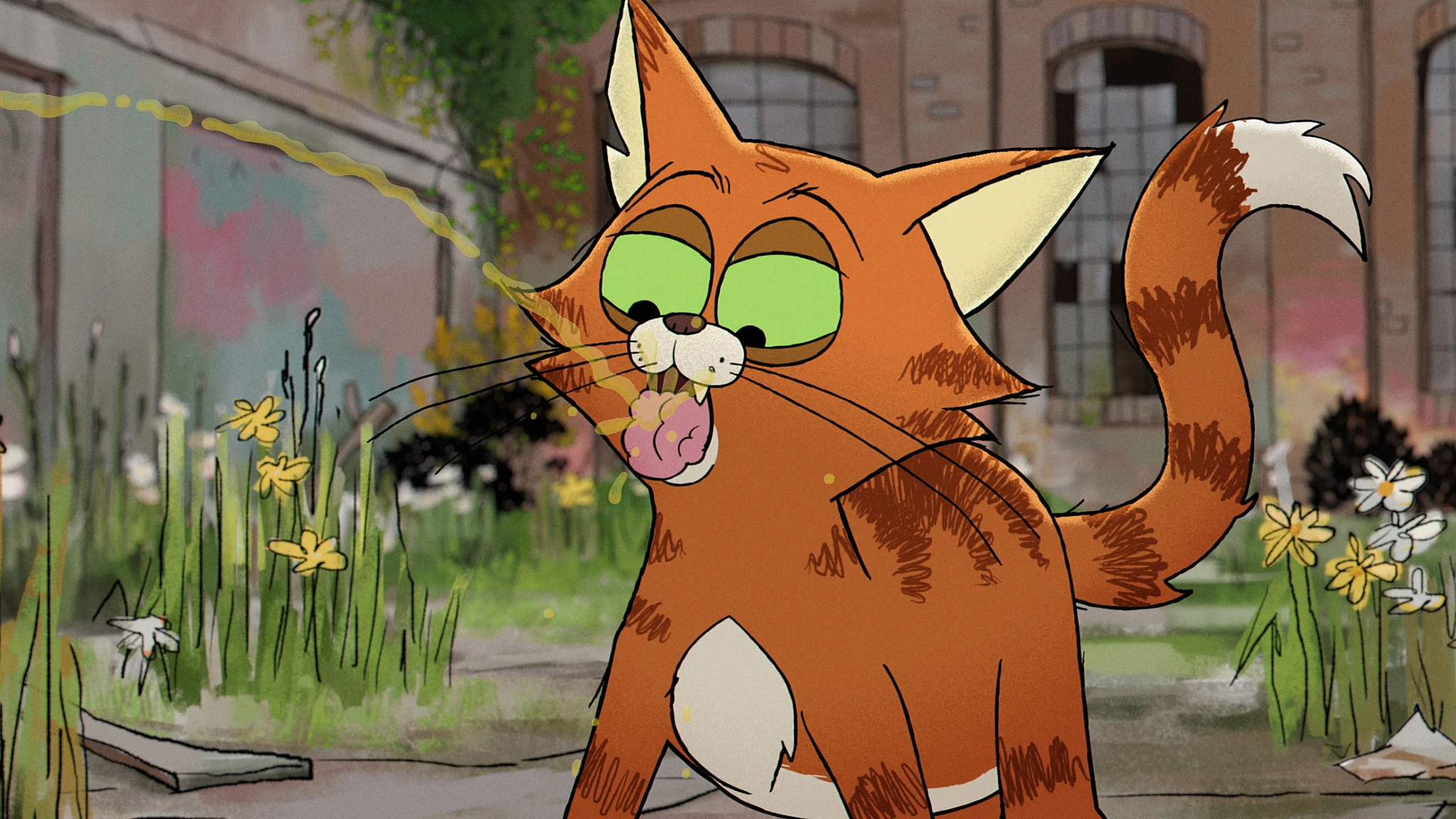 Tecknad orange katt med gröna ögon och randig svans spottar eller kräks en gul stråle framför en förfallen tegelbyggnad med blommor i förgrunden, i animerade serien Alley Cats.