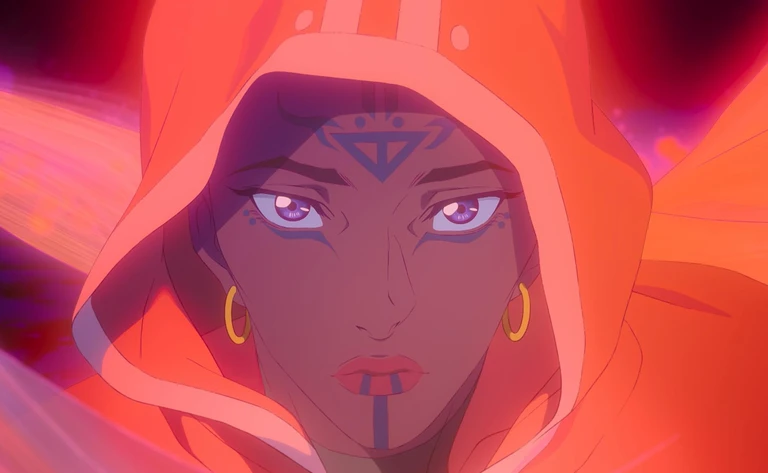 Närbild på en kvinna i animerad stil med orange huva, lila ögon, guldfärgade örhängen och blå ansiktstatueringar, med en glödande röd bakgrund.