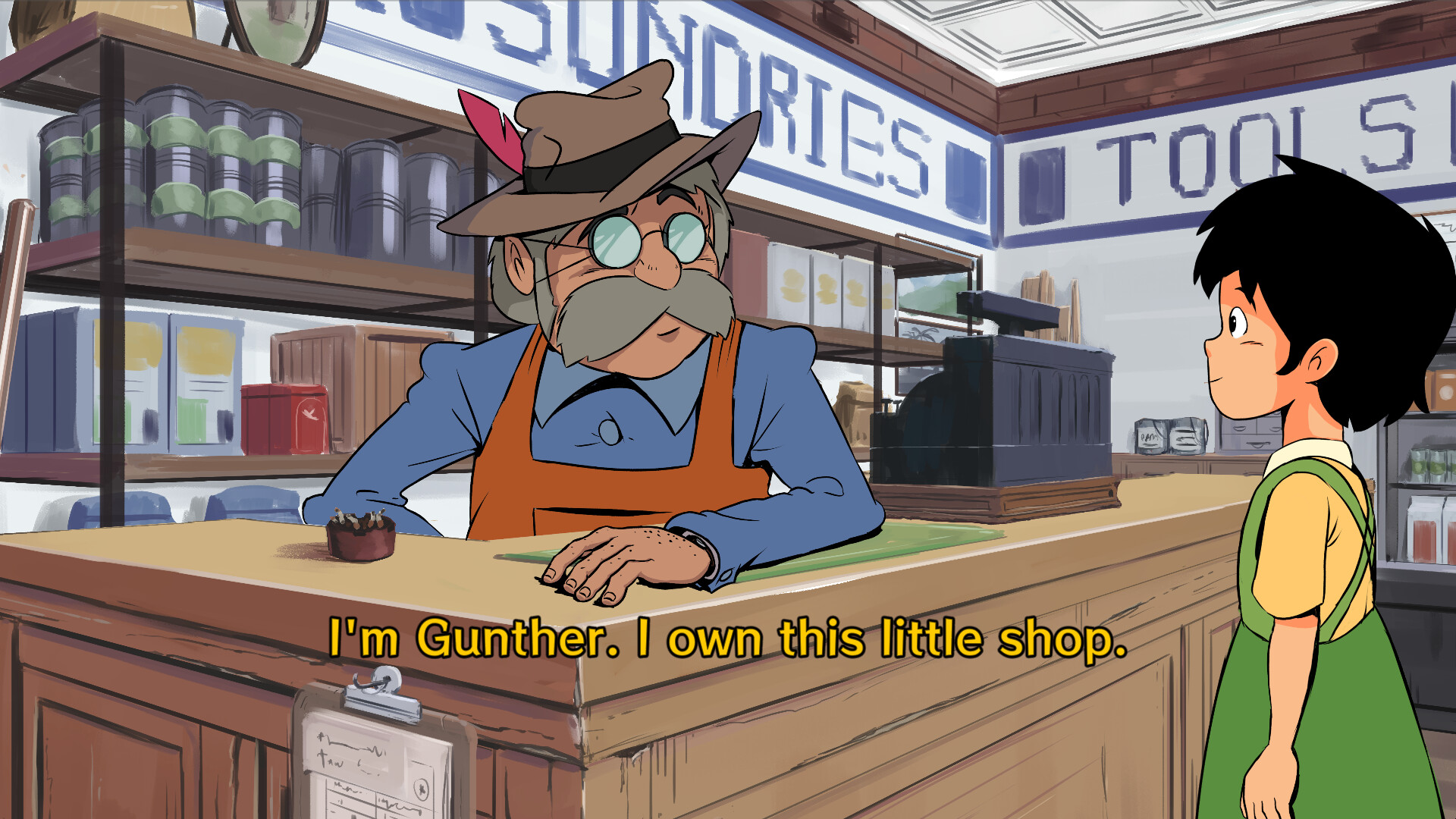 Butiksägaren Gunther, en äldre man med mustasch, runda glasögon och hatt med fjäder, lutar sig över disken och hälsar på ett barn med svart hår i en handritad butik.