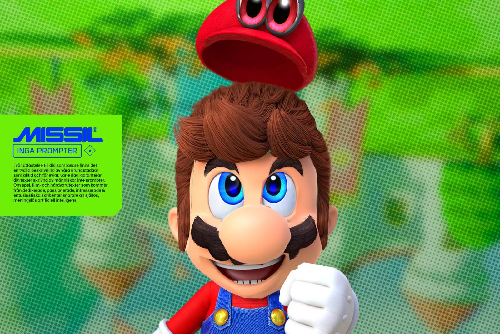 Mario från Super Mario Odyssey ler med knuten näve medan hatten Cappy svävar ovanför hans huvud. En grön MISSIL-ruta med texten Inga prompter ligger till vänster.