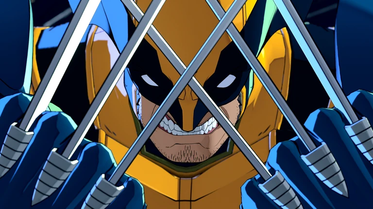Wolverine i gul och blå dräkt biter ihop tänderna och korsar sina klor framför ansiktet i Marvel Tokon: Fighting Souls.