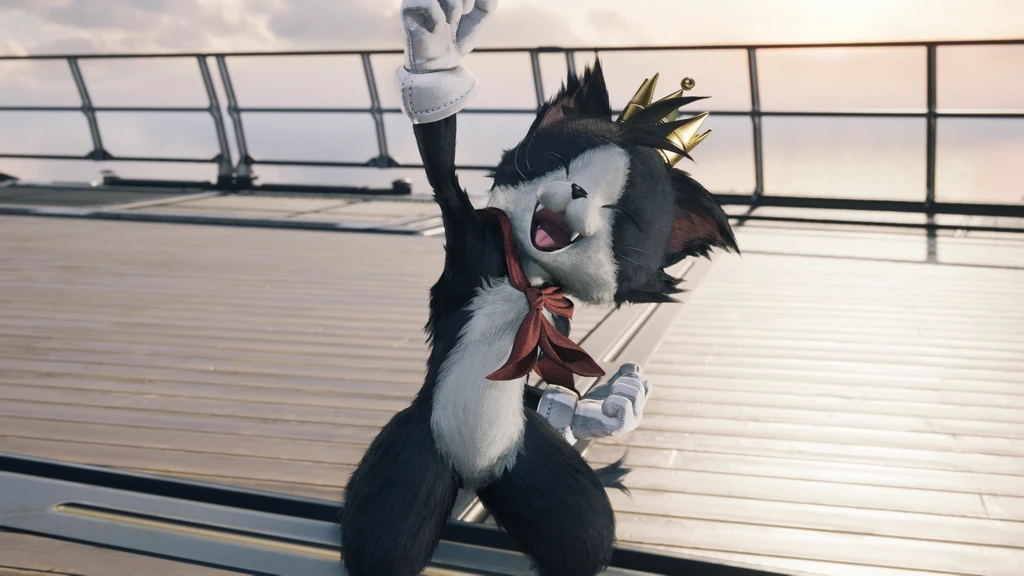 Cait Sith, en svartvit katt med guldkrona och röd rosett, jublar med ena armen höjd på ett däck i Final Fantasy VII: Revelations.