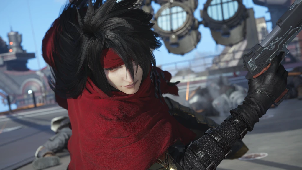 Vincent Valentine i Final Fantasy VII: Revelations, svarthårig med röd bandana och röd mantel, höjer en pistol i en hamnmiljö.