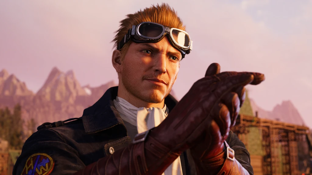 Cid med flygglasögon i det rödbruna håret drar på sig en läderhandske framför ett bergigt landskap i skymningsljus, i Final Fantasy VII: Revelations.
