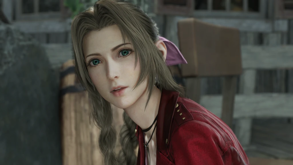 Aerith i Final Fantasy VII: Revelations lutar sig fram med gröna ögon och långt brunt hår, klädd i röd jacka och med rosa band i håret.