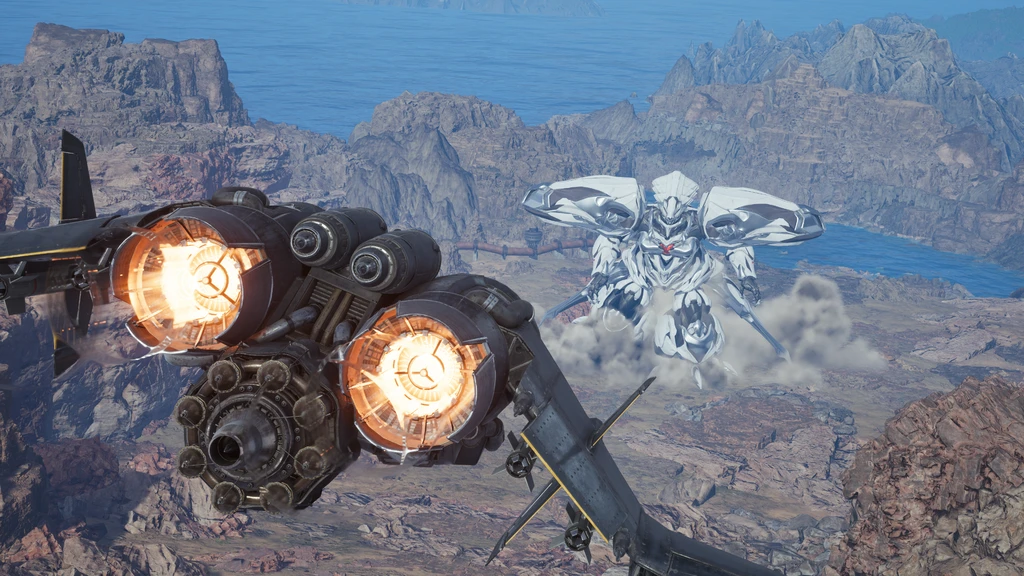 Ett flygfarkost med glödande motorer svävar över ett klippigt landskap mot en vitsilvrig jättelik robot som reser sig ur dammet, i Final Fantasy VII: Revelations.