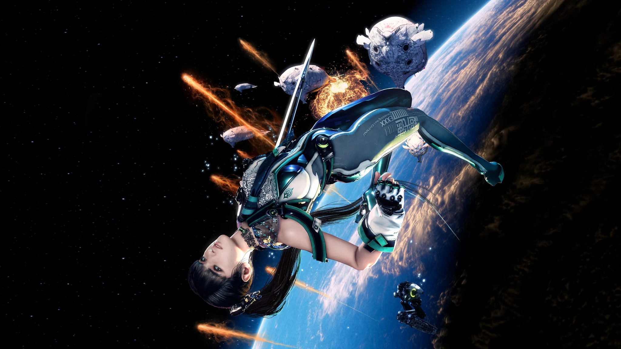 Stellar Blade: en kvinnlig krigare i en tät, blågrön dräkt svävar upp och ned i rymden med ett svärd i handen, medan brinnande asteroider och jordens horisont syns bakom henne.