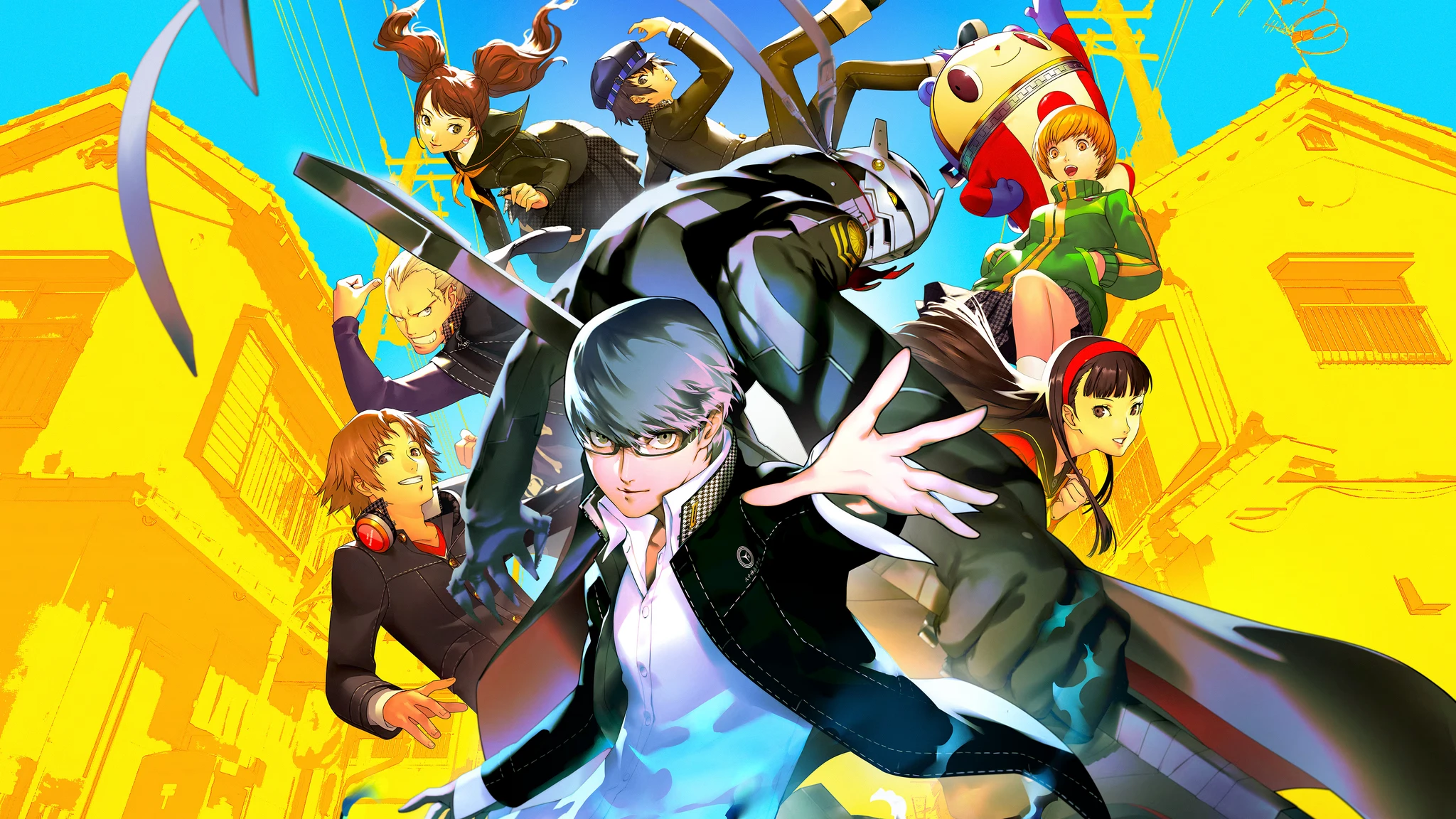 Persona 4 Revival: huvudpersonen med glasögon sträcker ut handen framför sina vänner och en jättelik Persona, mot gula hus och blå himmel.