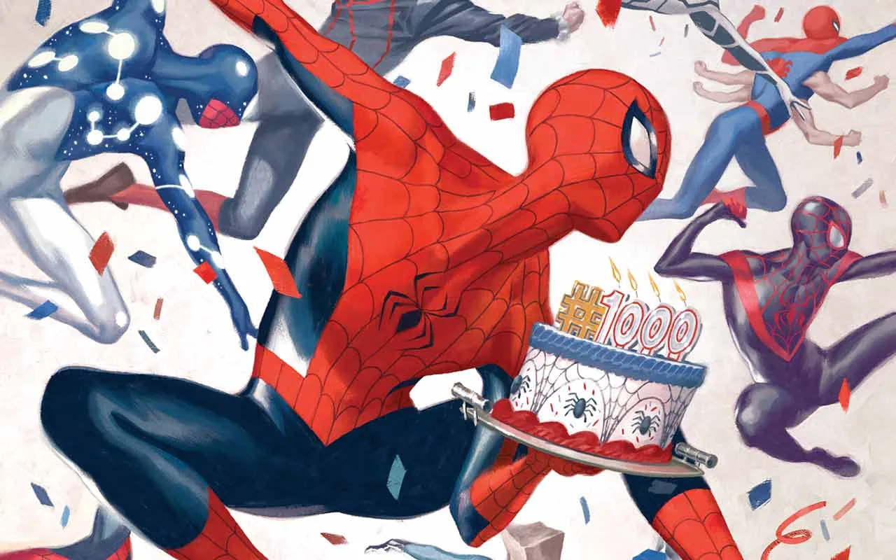 Spider-Man svingar sig fram med en tårta med texten #1000 och levande ljus, omgiven av andra spindelhjältar i olika dräkter och fallande konfetti.