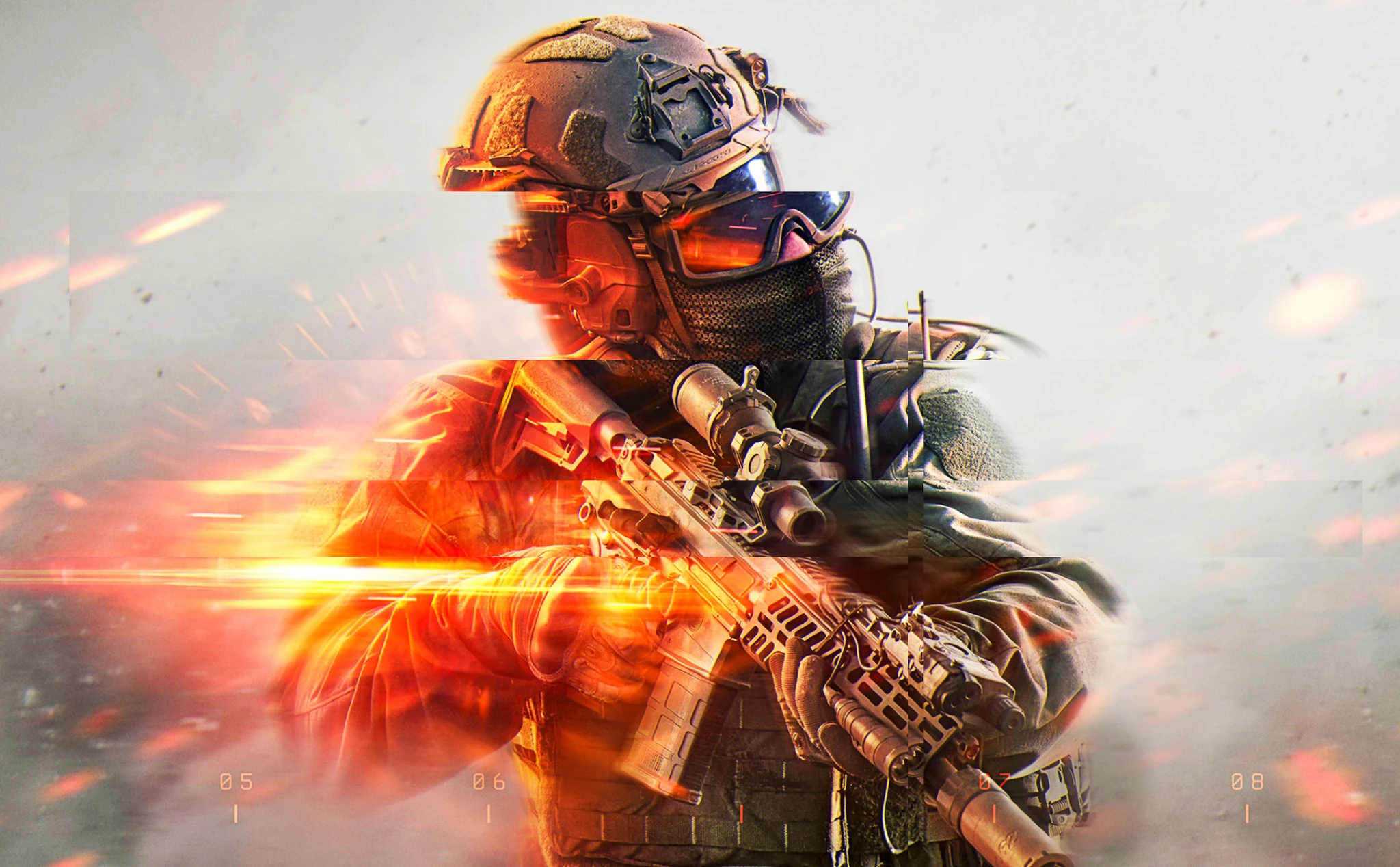 Soldat i hjälm, skyddsglasögon och halsduk håller ett automatgevär, med glitchiga ränder och eldsken i orange mot en rökig, ljus bakgrund.