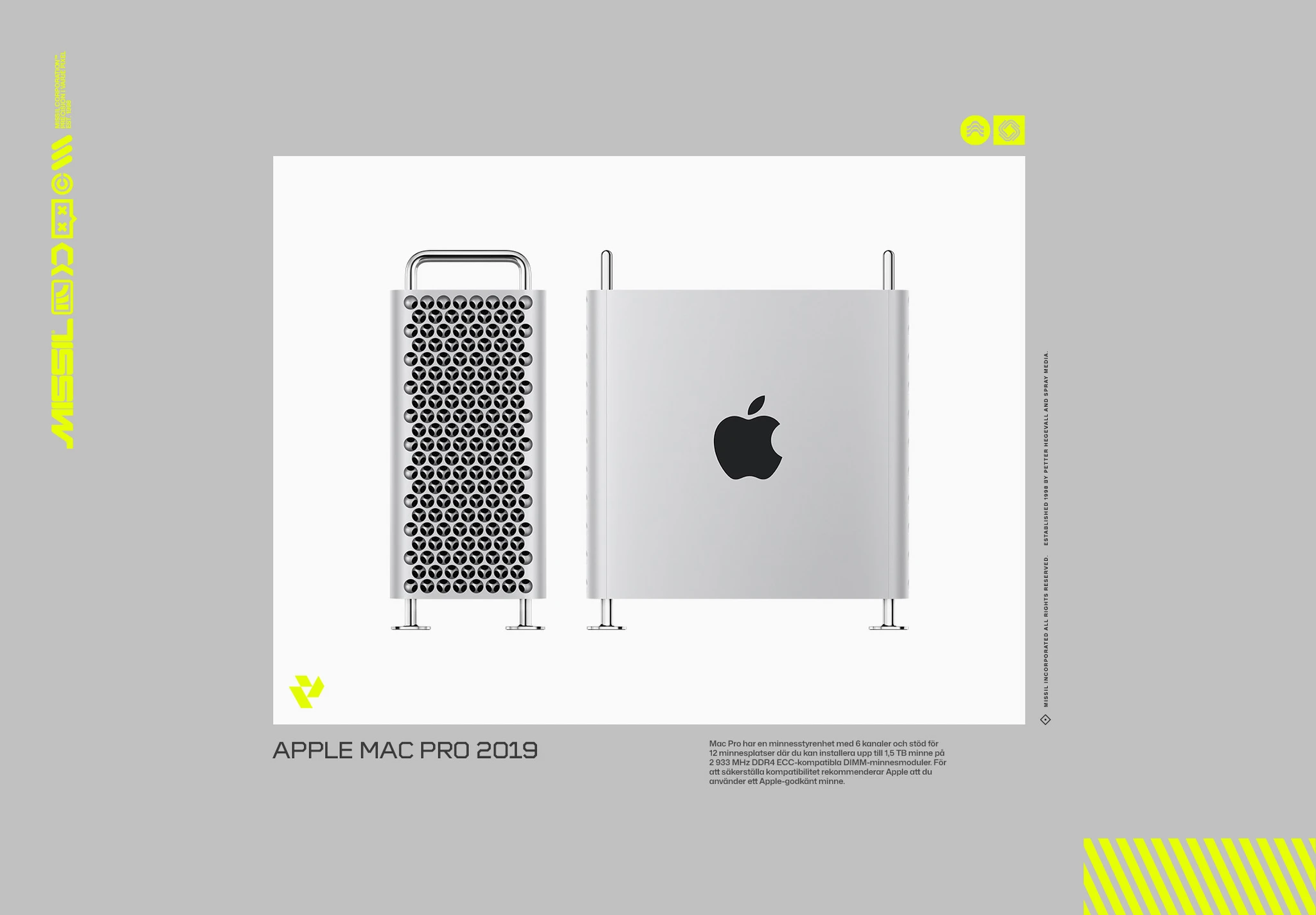 Apple Mac Pro 2019 i silver sedd framifrån och från sidan: framsidan har ett perforerat hålmönster och ett handtag upptill, sidan har Apple-logotypen.