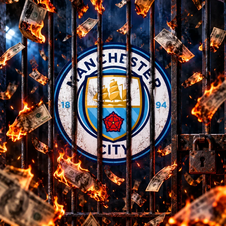 Manchester Citys klubbmärke bakom rostiga galler med hänglås, omgivet av brinnande dollarsedlar som virvlar i luften.