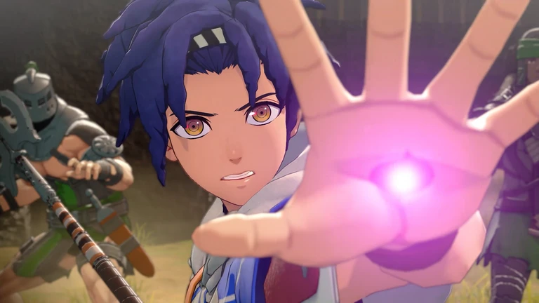 Ung man med blått hår sträcker fram handen där en lila magisk kraft samlas, medan pansrade fiender med yxor och vapen närmar sig i bakgrunden i Fire Emblem: Fortune's Weave.
