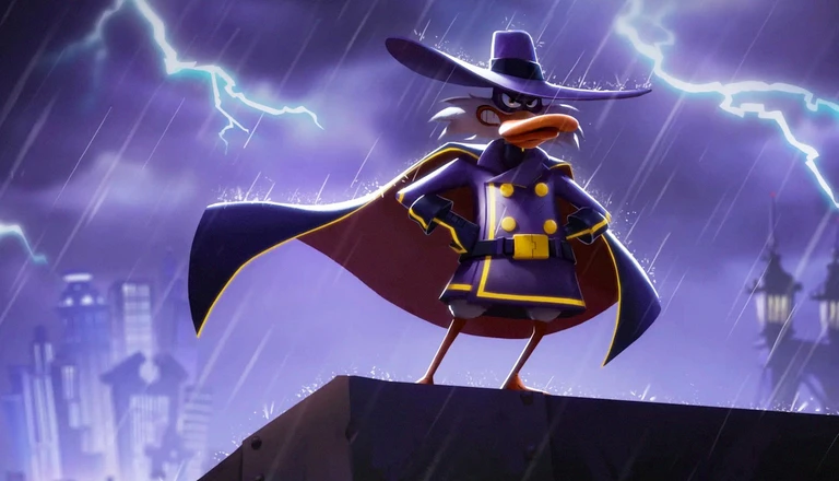 Darkwing Duck står med händerna i sidorna och svepande kappa på ett hustak under ett åskväder, med blixtar, regn och en stadssilhuett i bakgrunden.