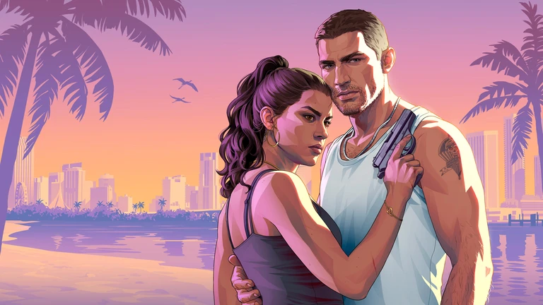 Lucia och Jason i GTA VI står tätt ihop framför en solnedgång över en dimmig stadssilhuett med palmer och vatten; han håller en pistol mot axeln.
