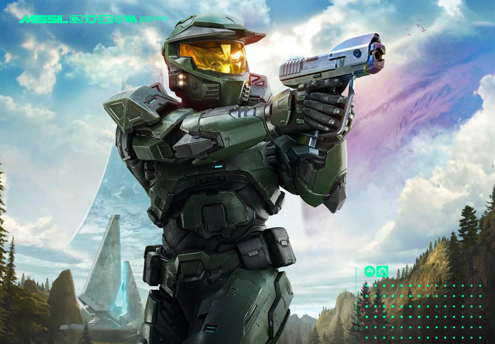 Master Chief i grön rustning med gul visir siktar med en pistol framför en molnig himmel, en ringformad värld och skogsklädda berg.