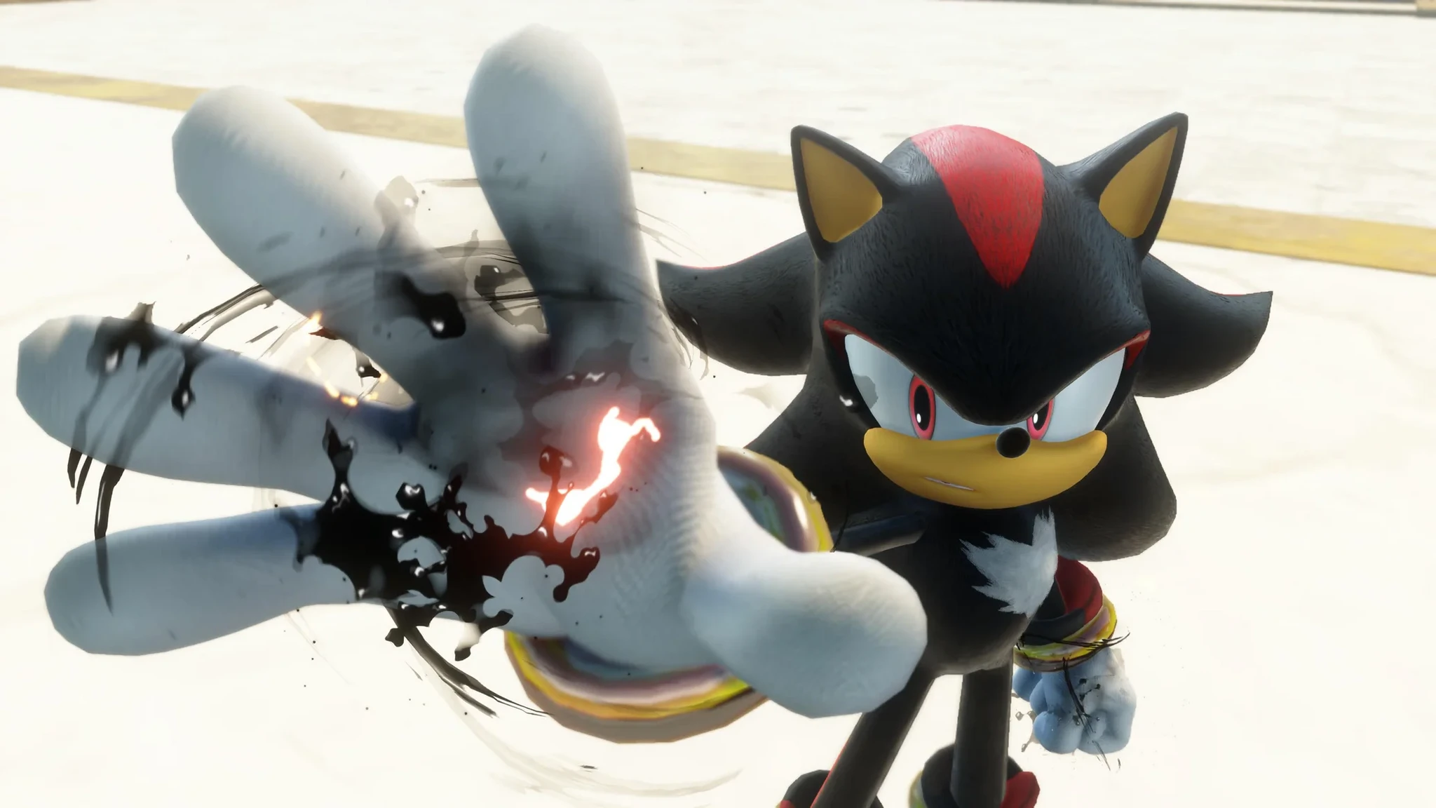 Shadow the Hedgehog sträcker ut en vit handske mot kameran, med svart sörja och en glödande röd gnista på handsken, i Sonic X Shadow Generations.
