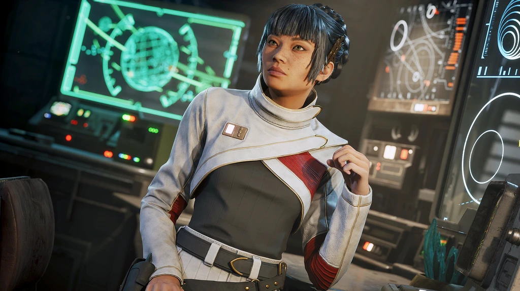 Kvinnlig karaktär med mörkt, kortklippt hår och lugg i vit och röd uniform står i en kontrollhytt omgiven av lysande gröna skärmar i Star Wars: Zero Company.